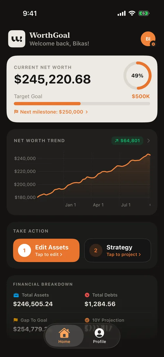WorthGoal home screen in dark mode