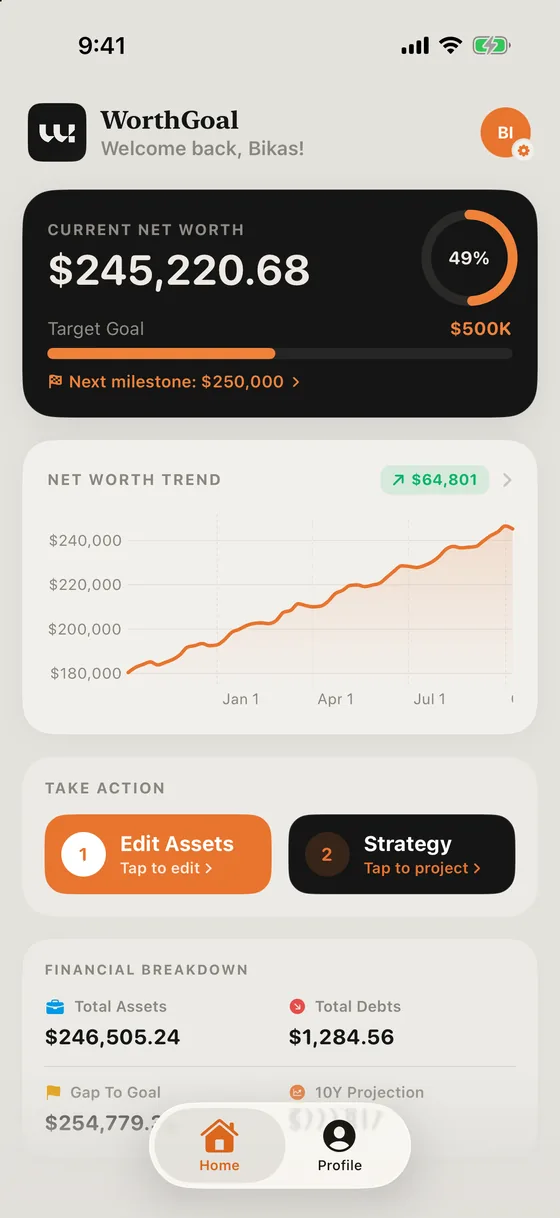 WorthGoal home screen in light mode
